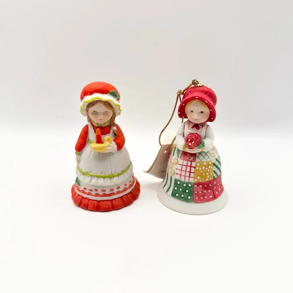 Holly Hobbie Red Strawberry Christmas Joy 1981 Warmth 1982 Figurine Bell Set Vtg